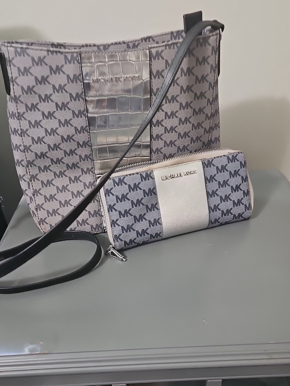 Michael Kors Silver Logo-Print Crossbody Bag with Matching Wallet